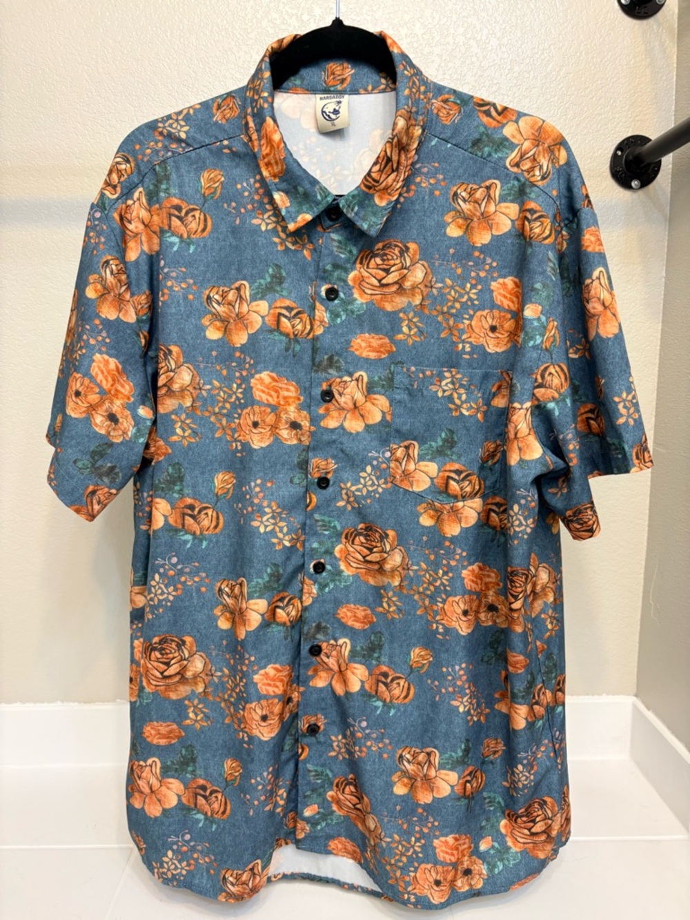 Hardaddy Men's Short-Sleeve Button-Down Shirt - Blue with Orange Floral